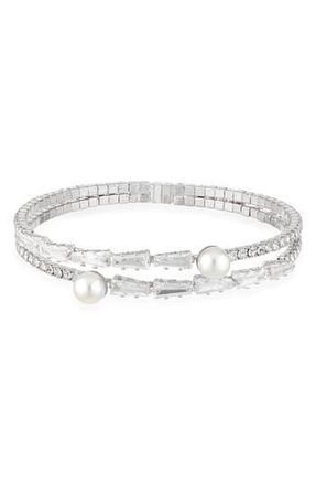 Tasha Crystal & Faux Pearl Bangle Bracelet in Silver Crystal Ivory at Nordstrom Rack