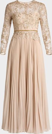 Mac Duggal Petite Pleated Chiffon and Bead-Embroidered Mesh Gown