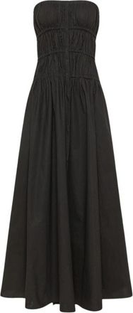 Forte_Forte Strapless Midi Jurk met Knopen aan de Voorkant - Dames - Maxi kleedjes - Zwart - M - Katoen - Kleedjes