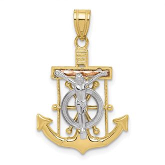 Diamond2Deal 10k Tri-color Diamond-cut Textured Mariners Cross Pendant