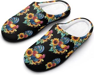 Generic Colorful Rooster with Sunflowers Cotton Slippers for Women Indoor Outdoor Slipper Slip-On Memory Foam Home Shoes