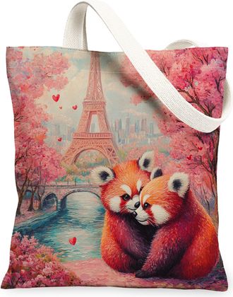 Generic Valentines Day Highland Cow Canvas Tote Bag for Shopping 13x15, Eiffel Tower Animal Couple Reusable Grocery Print Bag for Women, Holiday Beach Aesthet