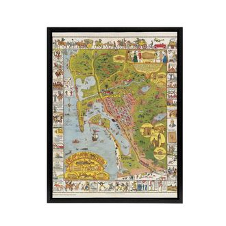 Artery8 California Map Mora 1928 City San Diego Framed Canvas Wall Art Print | Size: W24 x H32