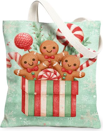 Generic Christmas Gingerbread Canvas Tote Bags, Holiday Biscuits Pattern Reusable Grocery Bags, Winter Lightweight Washable Shoulde, Green, 13x15 Inch
