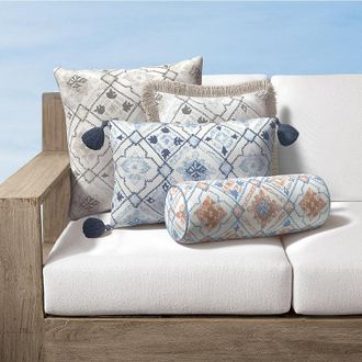 Frontgate Santorini Tile Indoor/Outdoor Pillow - Dune, 13 x 20 Lumbar Dune, 13 x 20 Lumbar in Dune with Dove Piping - Frontgate