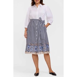 Foxcroft Esther Belted Stripe & Paisley Print Shirtdress in White Multi at Nordstrom, Size 2 X