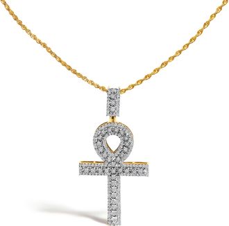 House of Brilliance Mens 10K Yellow Gold 1.00 Cttw Diamond Ankh Cross Pendant Necklace