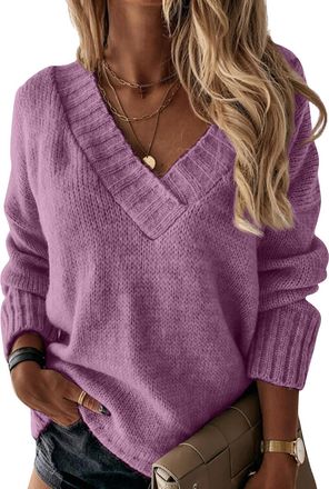 Generic Womens V-Neck Knitted Long Sleeve Jumper Casual Oversized Soft Acrylic Blend Chunky Knit Sweater,Tunic Pullover Comfortable Ladies Tops Purple L