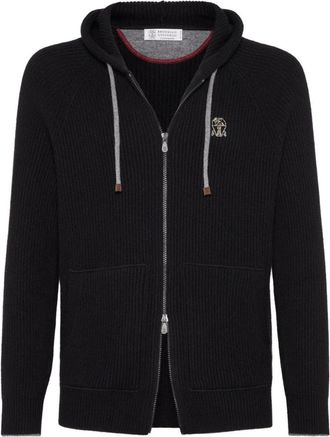 Brunello Cucinelli English Rib Hooded Sweater - Heren - Vesten met rits - Zwart - M - Kasjmier - Hoodies & sweatvesten