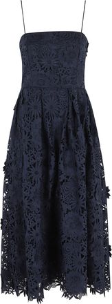 Rotate Navy Blue 3D Lace Flared Floral Polyester Midi Dress