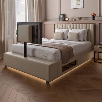 X Rocker Maisie Velvet Upholstered TV Bed with Media Storage & LED Lights in Beige | Size: Double