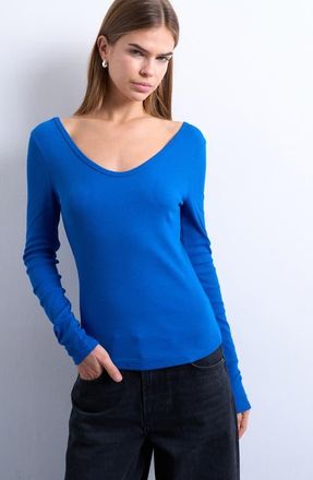 Topshop Stretch Cotton Rib Top in Medium Blue at Nordstrom, Size X-Small