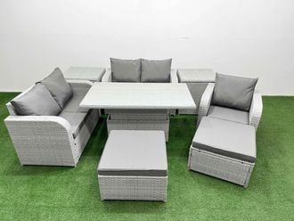 Fimous High Back Poly Rattan Garden Furniture Set w/ Reclining Chair Loveseat Sofa Adjustable Lifting Dining or Coffee Table Indoor Outdoor Patio Set