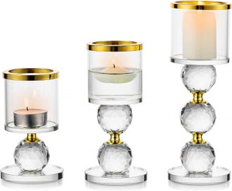 OEM 3 Portavelas De Cristal Dorado, Candelabros De Cristal Transparente Para Bodas