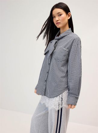 Twik Womens Tie-ribbon collar checkered poplin shirt