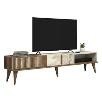 Dmora Dmora - Mueble De Televisi&oacute;n Aquila, Aparador De Sal&oacute;n, Mueble Bajo Para Tv, Base De Pared Equipada, 180x35h40 Cm, Nogal Y Blanco, Con Embalaje Reforz