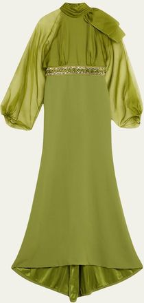 Pamella Roland Balloon-Sleeve Organza And Crepe Trumpet Gown