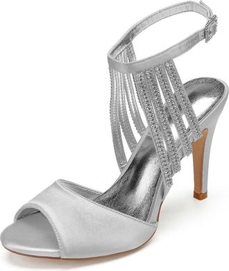 Generic Wedding Shoes Women Satin Sandal Ankle Strap Stiletto Heel Sandals Bridal Prom Evening Formal Party Shoes 10.5Cm,Silver,6 UK
