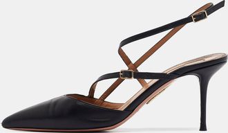 Aquazzura Black Leather Pointed Toe Ankle Strap Pumps
