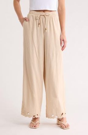 Ellen Tracy Embroidered Eyelet Hem Wide Leg Pull-On Pants in Linen at Nordstrom Rack, Size X-Small