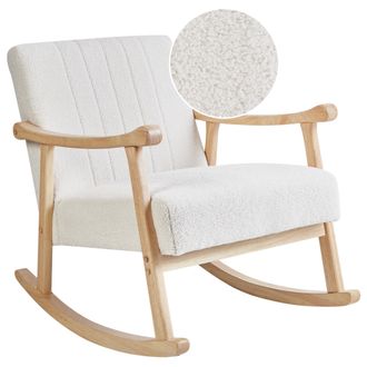 Beliani Silla Mecedora Balanc&iacute;n Tapizado De Boucl&eacute; Patas De Madera De Caucho Con Reposabrazos Sala De Estar Sill&oacute;n De Lactancia Blanco Crema Leknes