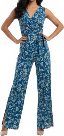 London Times Floral Print Sleeveless Jumpsuit In Teal Cream