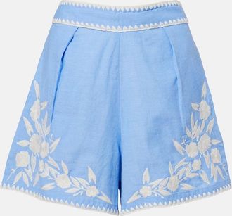 Juliet Dunn Embroidered cotton chambray shorts