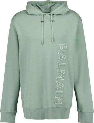 Balmain Groene Katoenen Hoodie met reli&euml;flogo - Heren - Hoodies - Groen - L - Katoen - Hoodies & sweatvesten