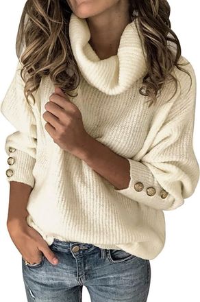 Generic Womens Jumpers Women Loose Button Sleeve Knitted Tops Pullover Turtleneck Sweater Long Sweater (Beige, M)
