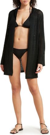 Elan Hooded Open Stitch Cover-Up Cardigan in Black at Nordstrom, Size X-Small