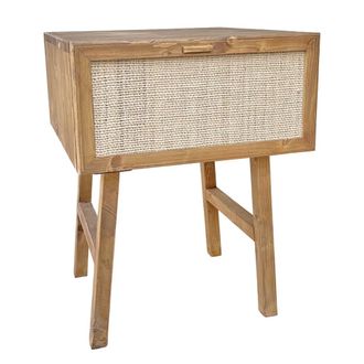 NATYAL Mesita de noche de madera maciza en tono roble y caj&oacute;n de rafia 45cm