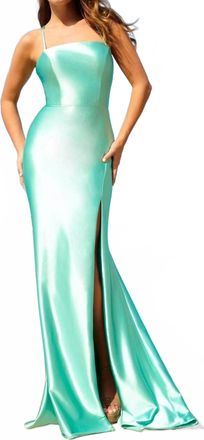 Faviana Womens Satin Straight Neck Slit Lace Up Dress In Periwinkle