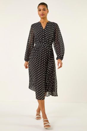 Roman Polka Dot Pleated Midi Dress