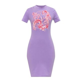 Versace Jeans Couture Short Dresses, female, Purple, Size: XS Dress with print and shimmering sequins