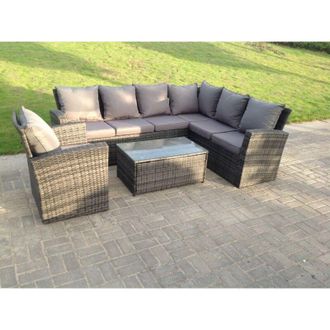 Fimous High Back Rattan Corner Sofa Set Oblong Coffee Table Outdoor Furniture dark Grey Right Option With Extra chair - Fimous