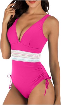 Generic One Piece Swimsuit for Women, V Neck Swimsuit with Tummy Control Ladies Swimming Costumes with Contrast Stripe Waist Bathing Suit for Women Swimwear w