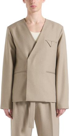 Mani&egrave;re De Voir Colin Collarless Double Breasted Minimal Blazer in Beige at Nordstrom, Size Medium