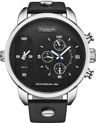 St&uuml;hrling Mens Global GMT 4052 Japanese Quartz 52mm - Silver Stainless Steel - One Size