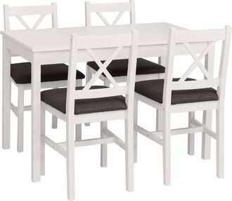 Hhg [nunca Usado] Conjunto De Comedor Hhg-619, Conjunto De Comedor, Madera Maciza De Pino, Tela, Estilo R&uacute;stico, 110 Cm, Blanco, Tapizado Negro