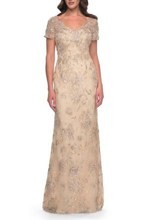 La Femme Gorgeous Beaded Long Gown with Short Sleeves and V Neck in Light Gold at Nordstrom, Size 12