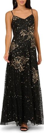 Adrianna Papell Sequin & Bead Floral Mesh Gown in Black/Gold at Nordstrom, Size 14