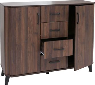 Hhg C&oacute;moda Hhg-784, Aparador, 4 Cajones, 2 Puertas, Mdf, 92 X 120 X 40 Cm, Acabado En Nogal