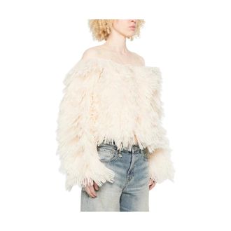 Elisabetta Franchi Faux Fur & Shearling Jackets, female, Beige, Size: S Tulle and Organza Jacket with Fringes