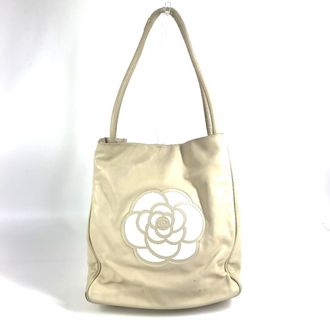 Chanel Beige White Leather Shoulder Bag Tote Bag (Pre-Owned)