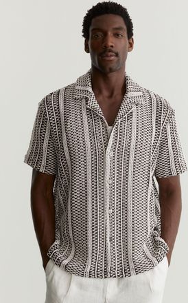 Reiss Dark Brown Crochet Stripe Cuban-collar Shirt, Xxl