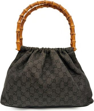 Gucci Black Dark Gray Bamboo Gg Canvas Leather Shoulder Bag Tote Bag (Pre-Owned)
