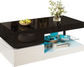 STILVORA Mesa De Centro Con Led Y Control Por App Bluetooth, Estante De Vidrio, Acabado Brillante, Negro Blanco, 90&times;45&times;35,5 Cm
