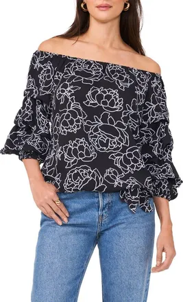 Vince Camuto Floral Off the Shoulder Bubble Sleeve Top in Rich Black at Nordstrom, Size X-Small