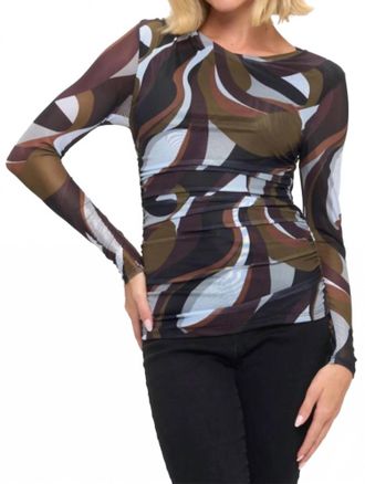 Ariella Ruched Long Sleeve Top In Olive Multi