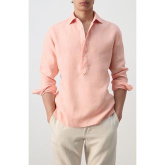 Mango Long Sleeve Linen Polo Shirt in Salmon at Nordstrom, Size X-Large
